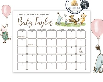 Raad de vervaldatum - Klassiek Winnie de Poeh-babyshowerspel - Voorspelling babyshowerverjaardag | Vervaldatum kalenderspel | Bewerkbaar