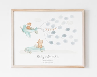Baby Shower Fingerprint Guest Book - Bear Baby Shower - Personalized Alternative Guest Book - Fingerprint Tree - Transport Cars and Planes