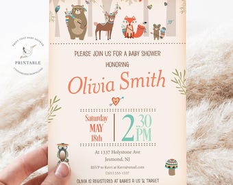 Woodland Baby Shower Invitation - Woodland Invitation - Woodland Invite - Tribal Woodland Baby Shower Invite