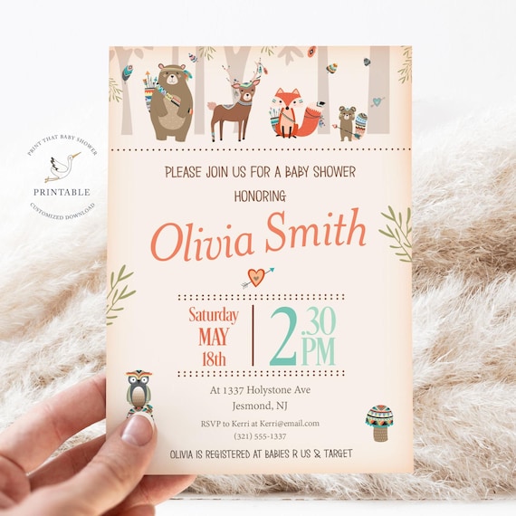 Woodland Baby Shower Invitation - Woodland Invitation - Woodland Invite - Tribal Woodland Baby Shower Invite