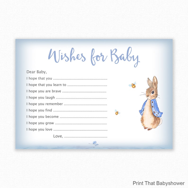 Baby Shower Games Wishes For Baby Game Peter Rabbit Shower Game Wishes For Baby Printable Wishes For Baby Card Peter Rabbit Blue image 1