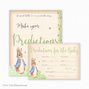 May include: Watercolor baby shower game set with a bunny illustration. The main sign reads "Make your Predictions" with a smaller card for guests to fill out baby's details. The design features soft green and beige tones with the text "A sweet little bunny is on the way..."