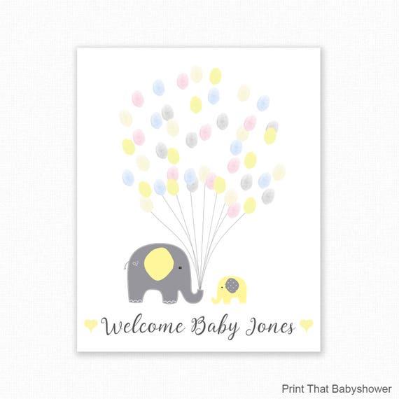 Baby Shower Fingerprint Guest Book - Elephant Baby Shower - Personalized Alternative Guest Book - Fingerprint Tree - Yellow Elephant Il_570xn