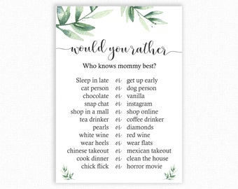 Baby Shower Game - Greenery Baby Shower - Would She Rather - Botanical Baby Shower Printable - Who Knows Mommy Best - Botanical Greenery