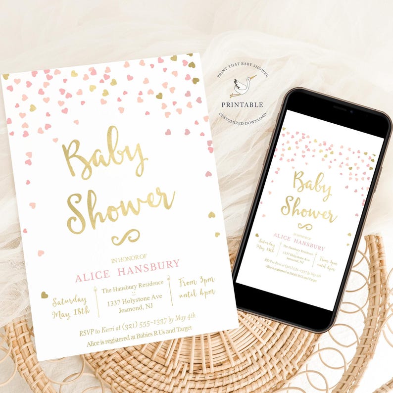 May include: A printable baby shower invitation with a pink and gold confetti design. The invitation features the text "Baby Shower" in gold script and includes details for the event, such as the date, time, location, and RSVP information.