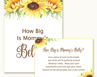 Qué tan grande es el juego del vientre de mamá - Juegos de baby shower - Baby Shower floral - Juegos de ducha floral - Adivina qué tan grande es el vientre de mamá - Girasoles