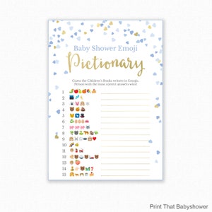 Baby Shower Game - Boy Baby Shower -  Emoji Pictionary - Blue Hearts Baby Shower Printable - Baby Shower Emoji Game - Blue and Gold Hearts
