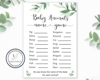 Baby Shower Games - Baby Animals Name Game - Greenery Baby Shower - Greenery Shower Game - Baby Animals Shower Game - Botanical Baby Shower