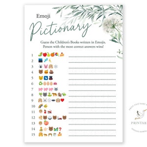 May include: A printable game card with a white background and green floral accents. The card features a list of 15 numbers with emojis next to each number. The text "Emoji Pictionary" is at the top of the card. The text "Guess the Children's Books written in Emojis. Person with the most correct answers wins!" is below the title.
