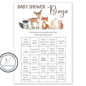 Juegos de Baby Shower - Juego de bingo para invitados - Baby Shower en el bosque - Bingo de baby shower - Baby Shower de otoño