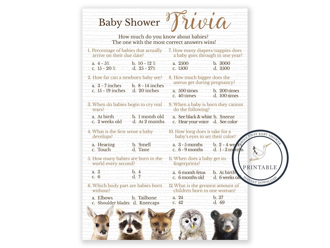 Baby Shower Games - Shower Trivia Game - Woodland Animals - Printable ...