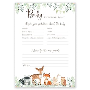 Carte de prédictions de bébé | Jeux de baby shower | Conseils et souhaits des futurs parents | Prédictions et conseils pour bébé | Baby Shower dans les bois