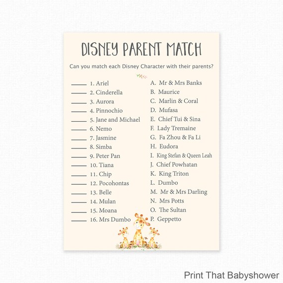 Baby Shower Games Disney Parent Match Game Disney Characters Baby Shower Games Disney Parent Match Game Disney Characters