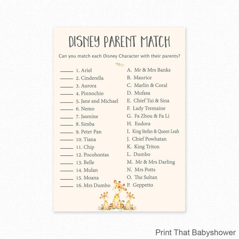 Baby Shower Games Disney Parent Match Game Disney Etsy Baby Shower Games Disney Parent Match Game Disney Etsy