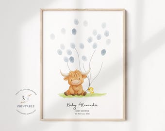 Baby Shower Fingerprint Guest Book - Farm Animals Highland Cow - Personalised Alternative Fingerprint Tree