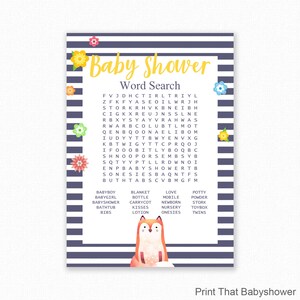 Baby Shower Games - Baby Shower Word Search Game - Woodland Baby Shower -  Woodland Shower Games - Baby Names Game - Woodland Fox