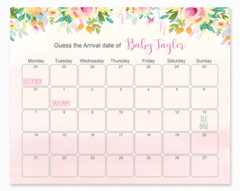 Floral Baby Shower - Guess The Due Date - Baby Shower Games - Baby Shower Birthday Prediction - Printable Baby Shower Due Date Calendar Game