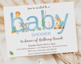 Może przedstawiać: Zaproszenie na baby shower ze słowem "baby" w jasnoniebieskim kolorze, ozdobione ilustracjami lwa, słonia i żyrafy. Zaproszenie zawiera szczegóły dotyczące baby shower Bethany Grande, w tym datę, godzinę i miejsce.