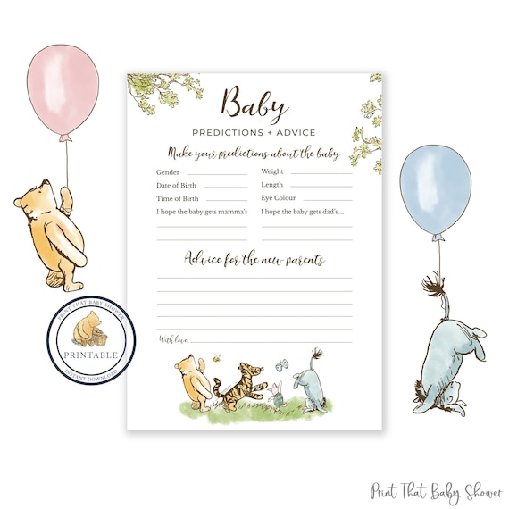 Baby Predictions Card | Baby Shower Games | Advice & Wishes for Parents To Be | Winnie the Pooh