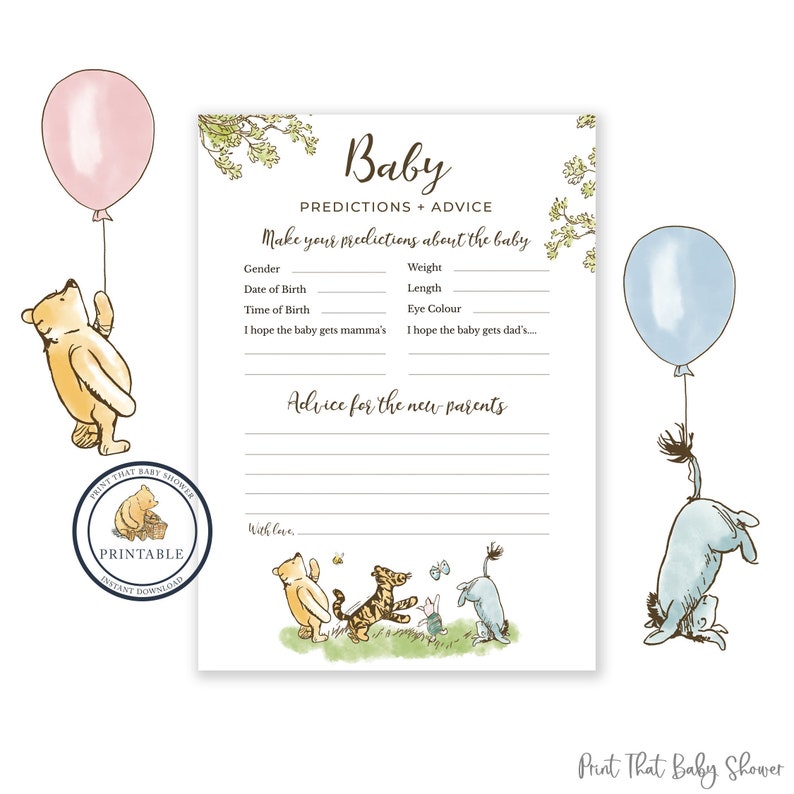 Baby Predictions Card | Baby Shower Games | Advice & Wishes for Parents To Be | Winnie the Pooh image 1