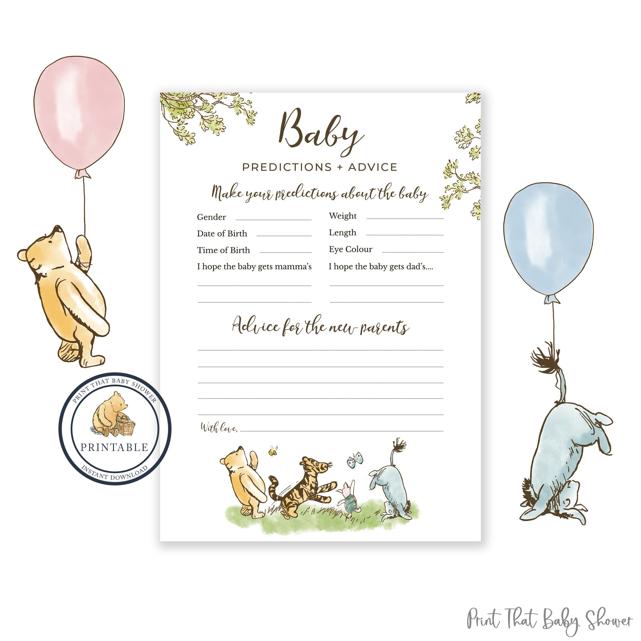 Winnie The Pooh Theme Baby Shower Game Card - Predictions for the