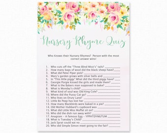 Baby Shower Games - Nursery Rhyme Quiz Game - Floral Baby Shower - Floral Shower Games - Nursery Rhyme Game - Peaches and Cream