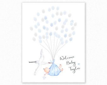 Baby Shower Fingerprint Guest Book - Blue Stork Baby Shower - Personalized Alternative Guest Book - Fingerprint Tree - Stork and Baby