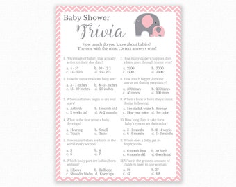 Baby Shower Games - Baby Trivia Game - Baby Shower Trivia - Pink Elephant Baby Shower - Elephant Shower Games - Printable Game