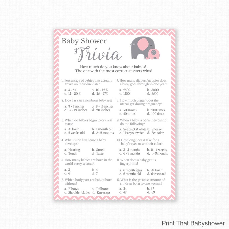 Baby Shower Games Baby Trivia Game Baby Shower Trivia Pink Elephant Baby Shower Elephant Shower Games Printable Game image 1