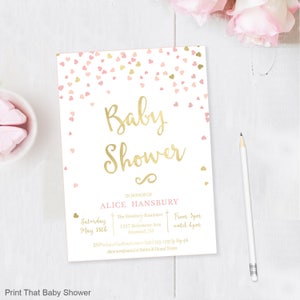 Pink and Gold Baby Shower Invitation, Girl Baby Shower, Printable Invitation, Pink Baby Shower Invite, Pink Invite, Pink and Gold Confetti image 1