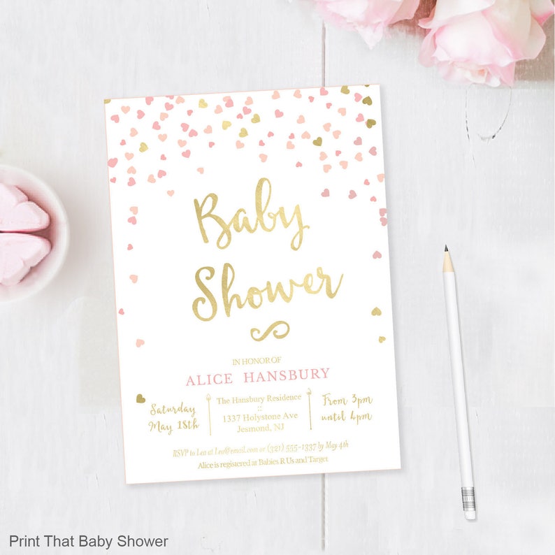 Pink and Gold Baby Shower Invitation, Girl Baby Shower, Printable Invitation, Pink Baby Shower Invite, Pink Invite, Pink and Gold Confetti image 1