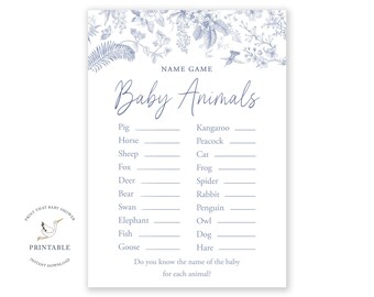 Baby Shower Games - Baby Animals Name Game - Chinoiserie Baby Shower - Dusky Blue Shower Game - Baby Animals Shower Game - Toile Baby Shower