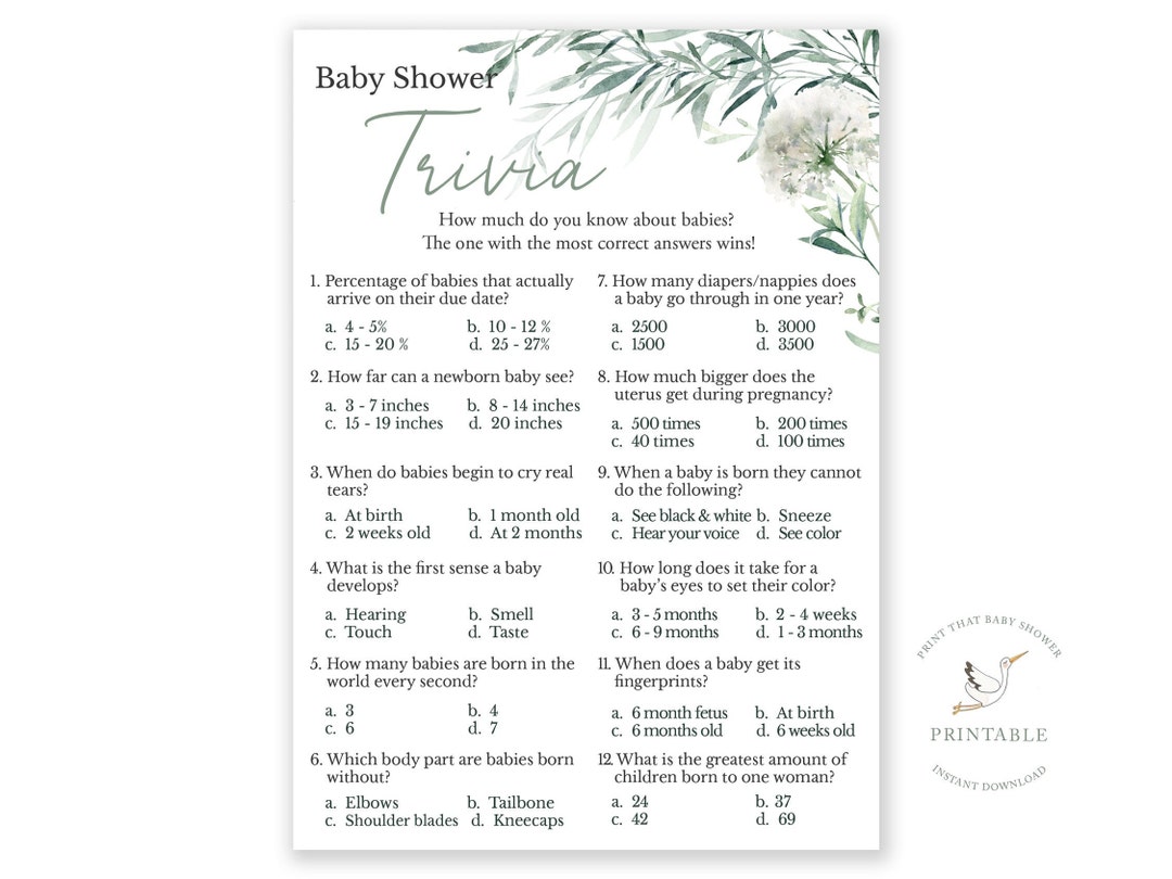 Baby Shower Games - Baby Trivia Game - Baby Shower Trivia - Botanical ...
