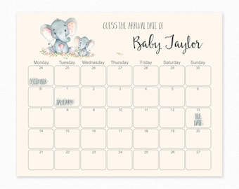 Elephant Baby Shower, Guess The Due Date, Baby Shower Games - Baby Shower Birthday Prediction - Printable Baby Shower Due Date Calendar game