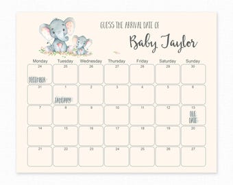 Elefant Baby Shower, Guess the Due Date, Baby Shower Games - Baby Shower Birthday Prediction - Druckbares Kalender-Spiel