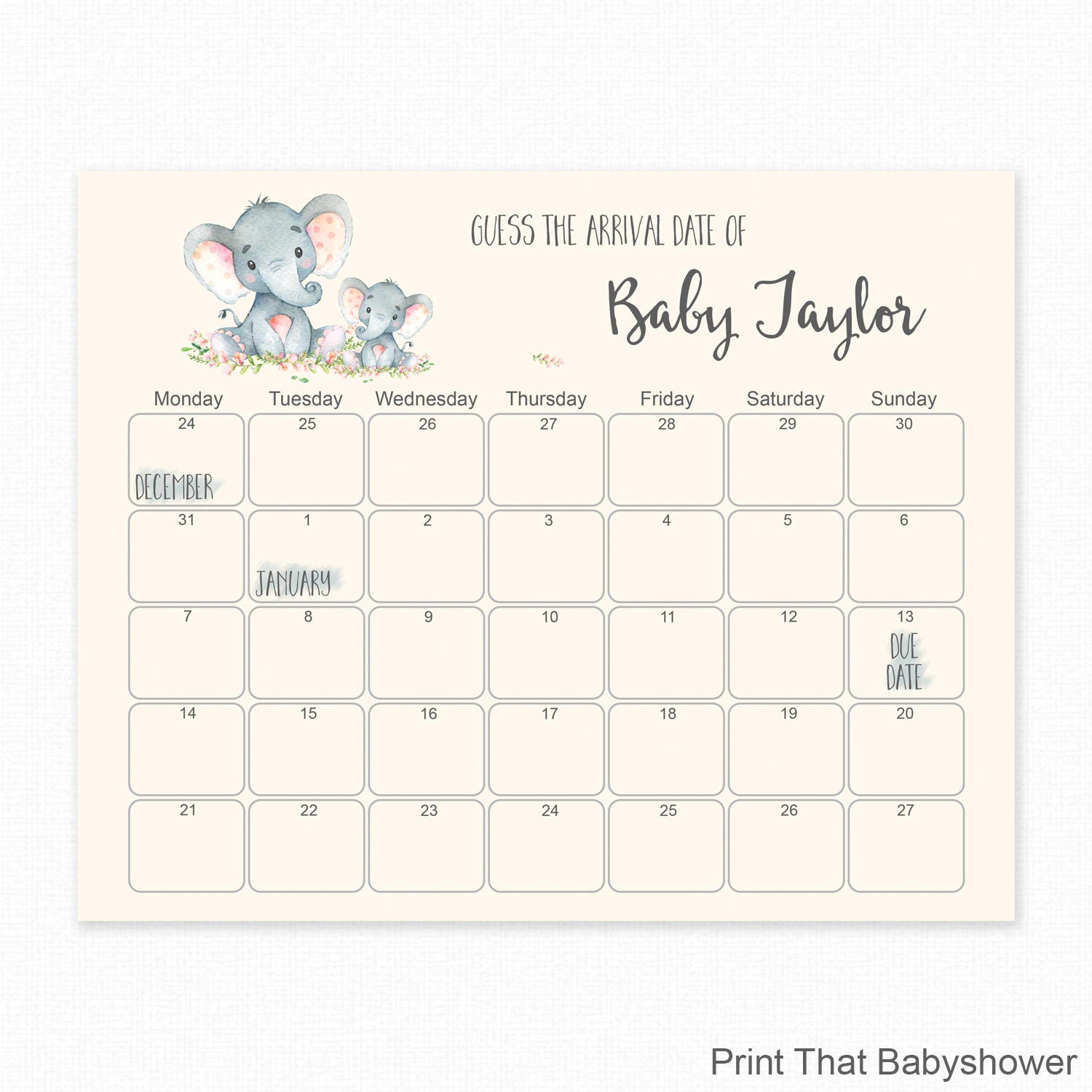 Elephant Guess the Due Baby Shower Games | Etsy