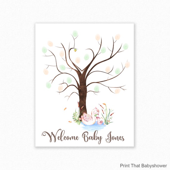 Baby Shower Fingerprint Guest Book Woodland Swan Baby Shower