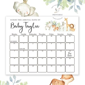 Adivina la fecha de parto - Juego de baby shower con elefantes - Predicción de cumpleaños para baby shower / Juego de calendario de fechas de parto / Animales de safari