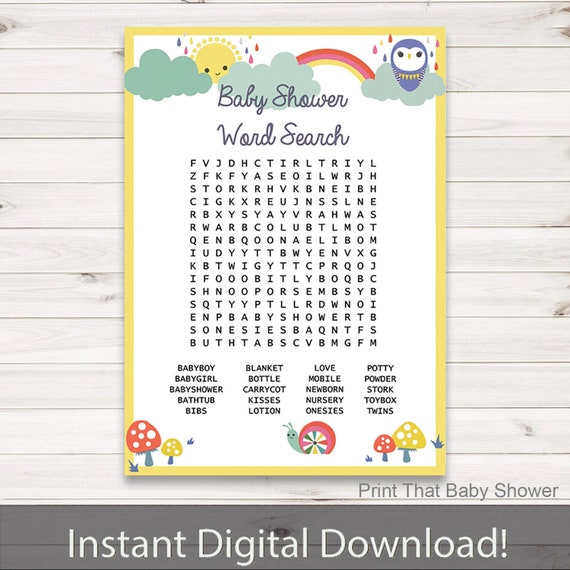 Baby Shower Games - Baby Shower Word Search Game - Rainbows Baby Shower - Rainbow Shower Games - Baby Names Game - Rainbows and Clouds Il_570xn