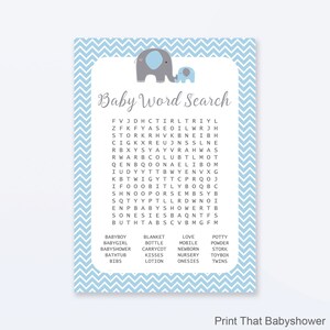 Juegos De Baby Shower - Baby ShowerJuego De Búsqueda De Palabras - Baby Shower Elefante Azul - Juegos De Baby Shower Elefante Azul - Juego De Nombres De Bebé - Elefante Azul