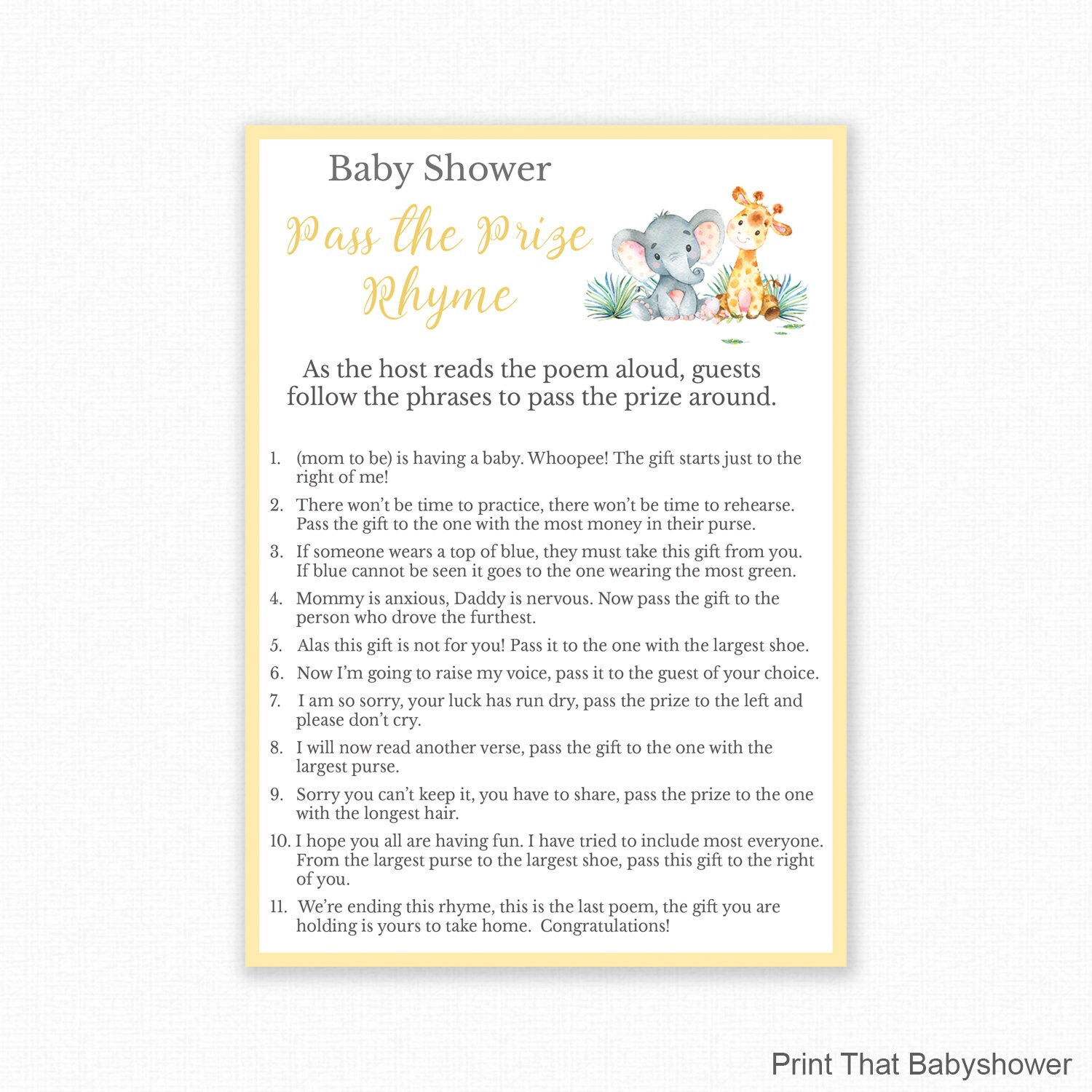 Baby Shower Game Jungle Baby Shower Pass the Parcel Rhyme Left and