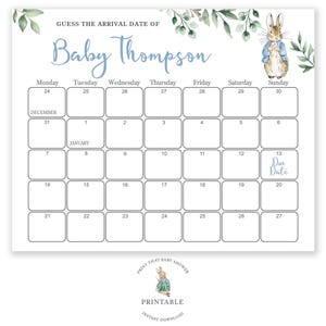 Devinez la date d'échéance - Jeu de baby shower Peter Rabbit - Prédiction d'anniversaire de baby shower | Jeu Calendrier Date D'échéance | Pierre Lapin