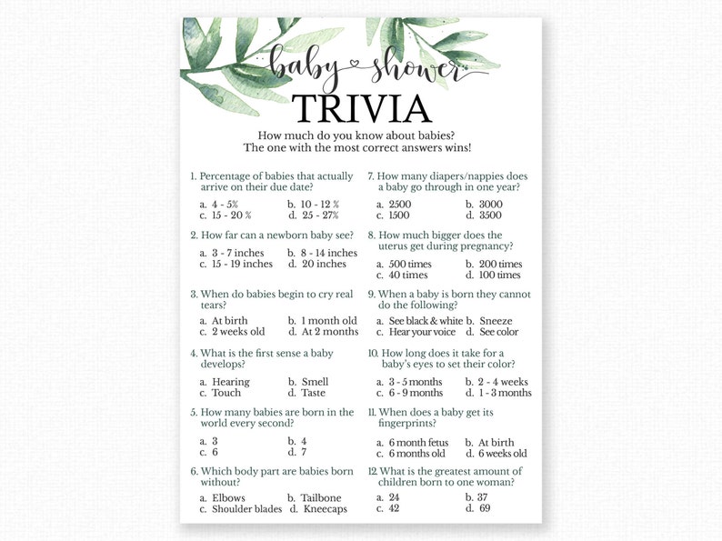 May include: A green and white baby shower trivia game with questions about babies. The questions are printed on a white background with a green leafy border.