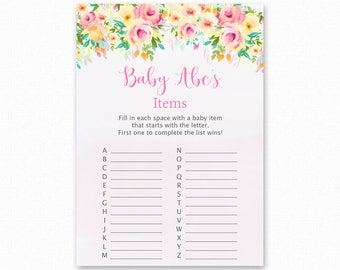 Baby Shower Games - Baby Items ABC Game - Floral Baby Shower - Floral Shower Games - Baby ABC'S Game - Alphabet Game - Peaches and Cream