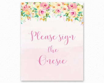 Baby Shower Sign The Onesie Sign - Floral Baby Shower - Floral Baby Shower Sign - Sign The Onesie Guest Book - Floral - Peaches and Cream