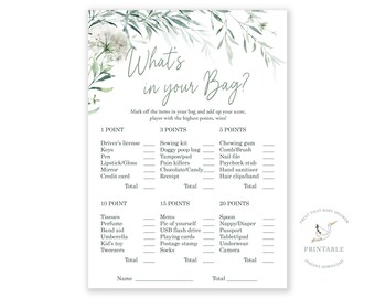 What's In Your Purse Game? - Baby Shower Games - Botanical Baby Shower - Greenery Shower Games - Shower Games - Botanical Daisy - Leaf