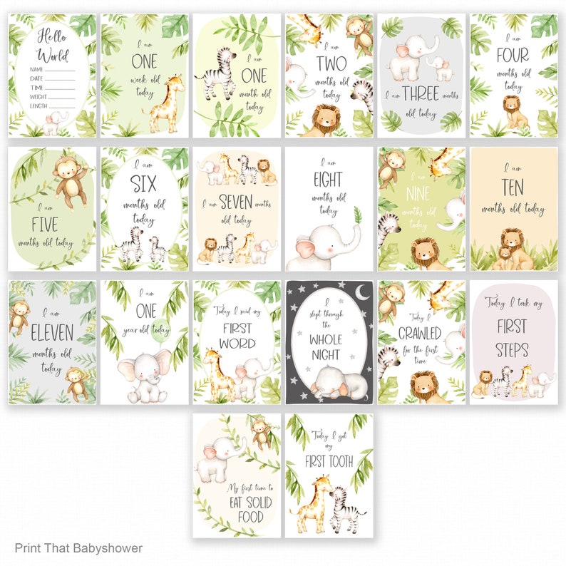 20 Safari Animals Baby Milestone Cards - Baby Milestone Signs - Set of ...