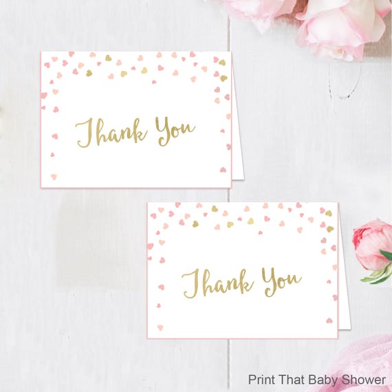 Printable BabyShower Thank You Card - Printable Instant Download - Pink and Gold Baby Shower Thank You Card - Pink Hearts Thank You Card Il_570xn
