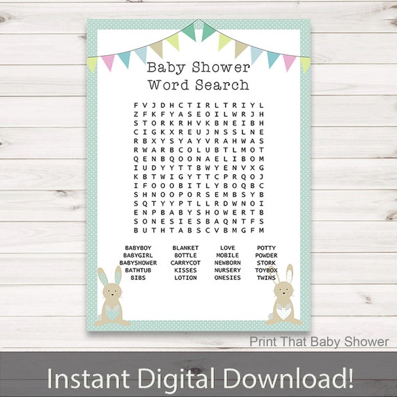 Baby Shower Games - Baby Shower Word Search Game - Bunny and Stork Baby Shower, Shower Game, Baby Names Game, Blue Bunny and Stork Il_570xn