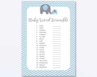 Baby Shower Games - Baby Word Scramble Game - Blue Elephant Baby Shower - Blue Elephant Shower Games - Baby Names Game - Blue Elephant